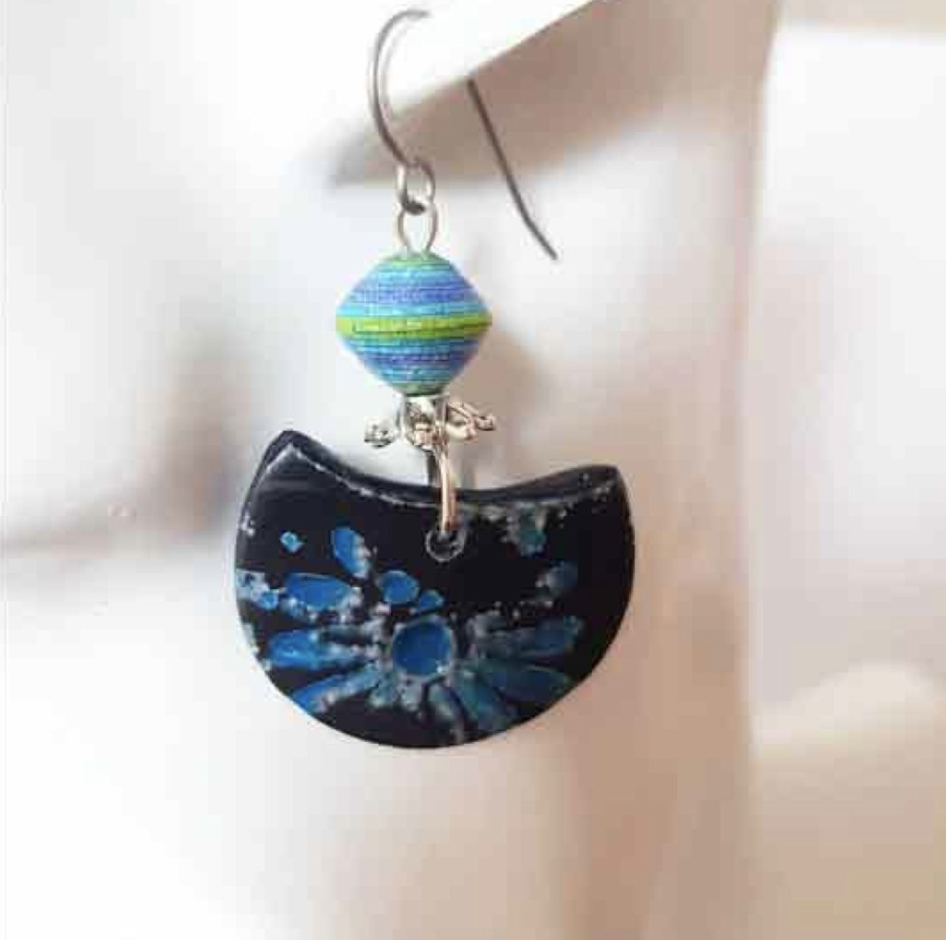 One of a kind - Blue Shibori half Moon earrings - C o c o F l o w e r