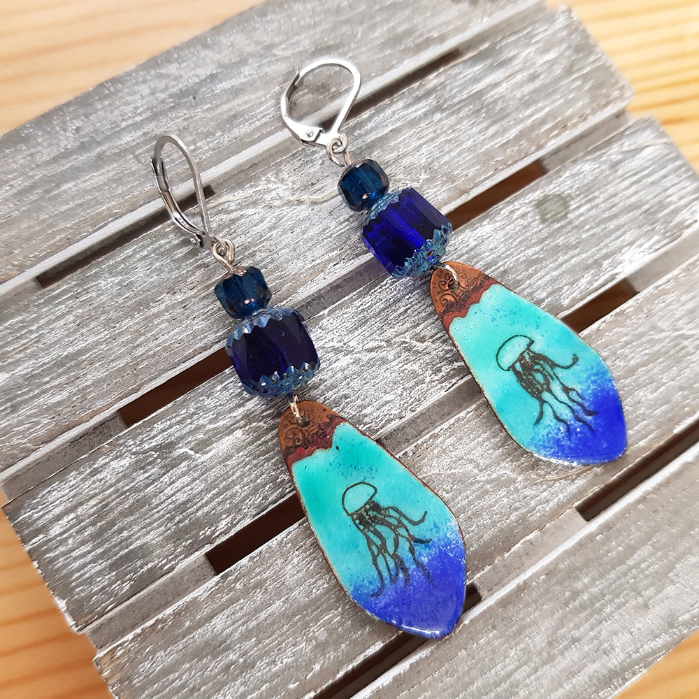"jellyfish earrings - Handcrafted Blue Ceramic Drops: Elevate Your Boho Style"