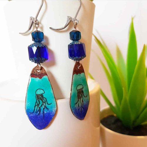 "jellyfish earrings -One-of-a-Kind Artistry: Unique Blue Ceramic Earrings"