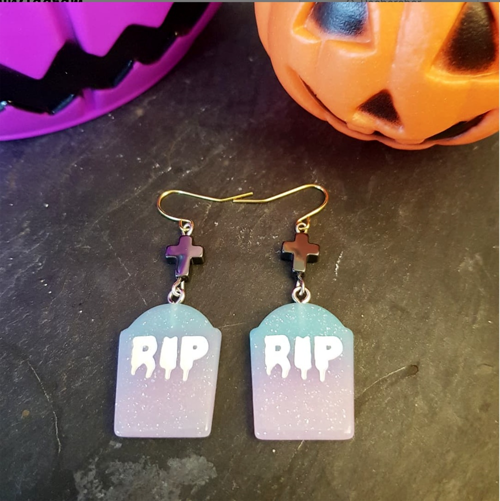 "Festive Kawaii Earrings for Halloween: Cross and Glitter RIP"
