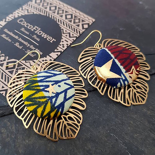 Gold Monstera earrings, African Wax Fabric dangle, Tropical Leaf Jewelry