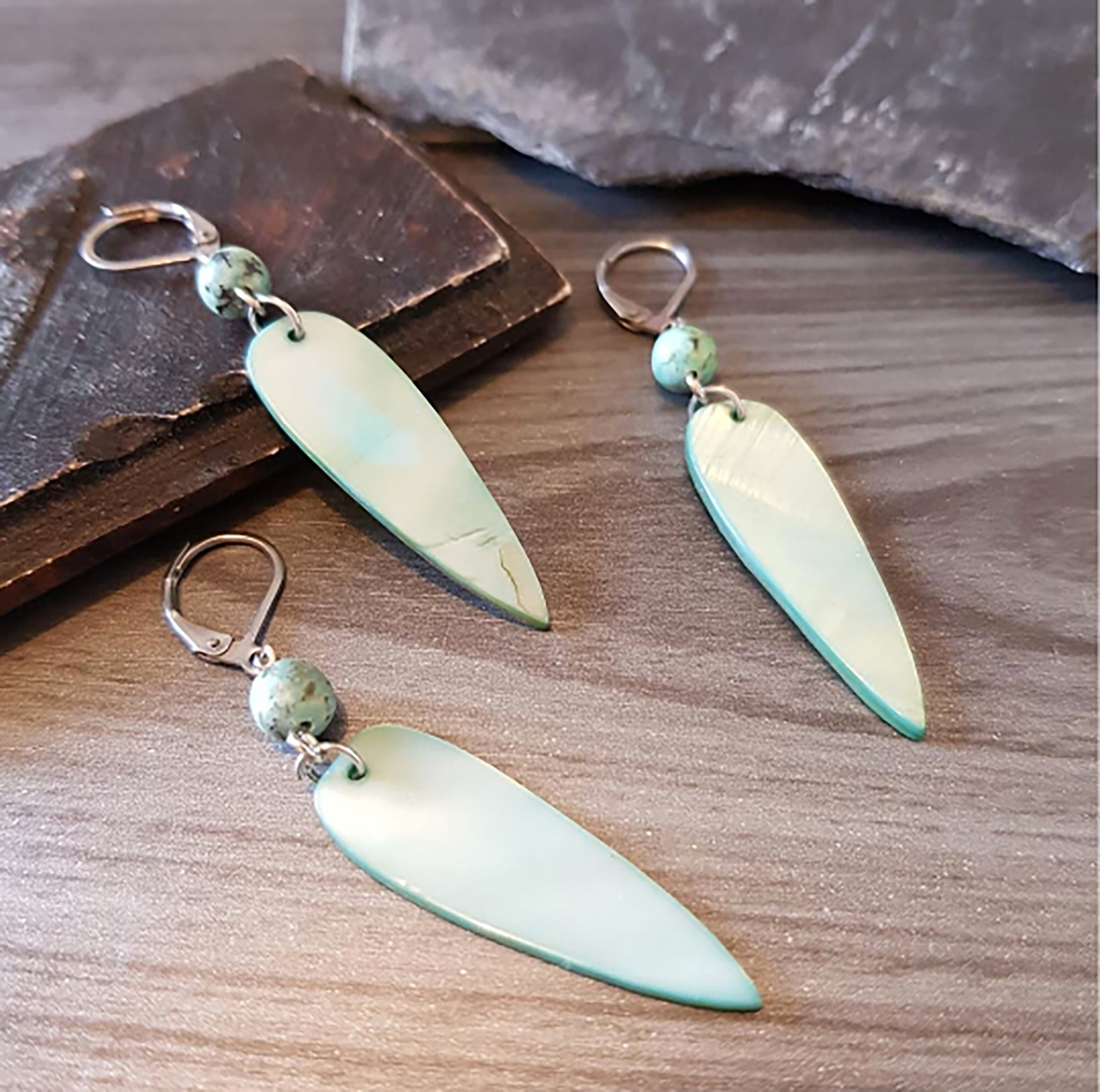 African Turquoise earring - Mother of pearl dagger dangle