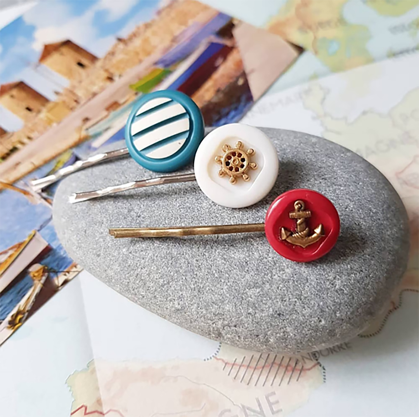 Nautical Bobby Pins with Vintage Button - Zero waste gift - Beach Summer - C o c o F l o w e r