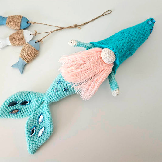 Turquoise Mermaid Gnome with Pink Beard - Handmade Crochet Nisse Plush - Unique Scandinavian Decor