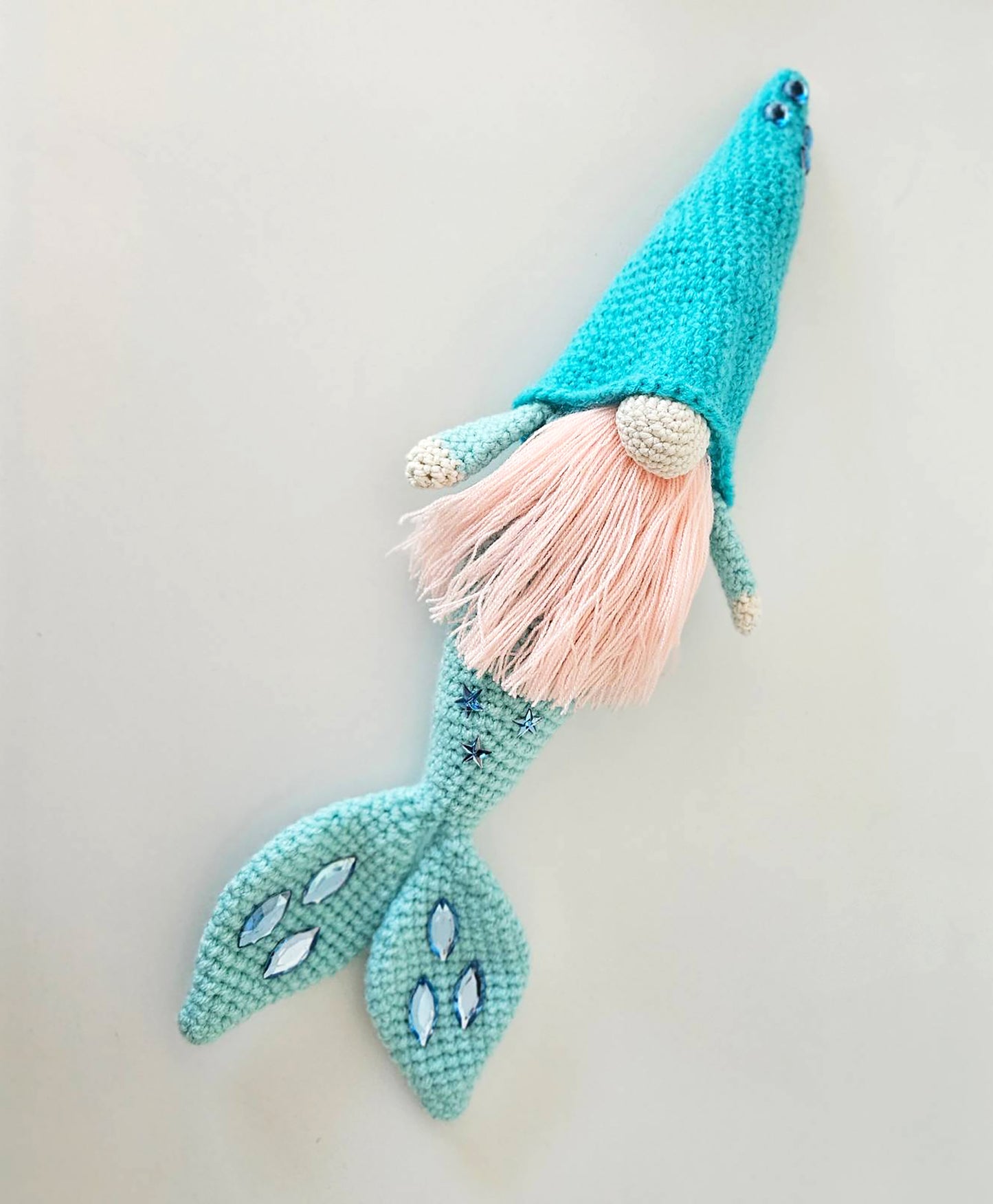 Turquoise Mermaid Gnome with Pink Beard - Handmade Crochet Nisse Plush - Unique Scandinavian Decor