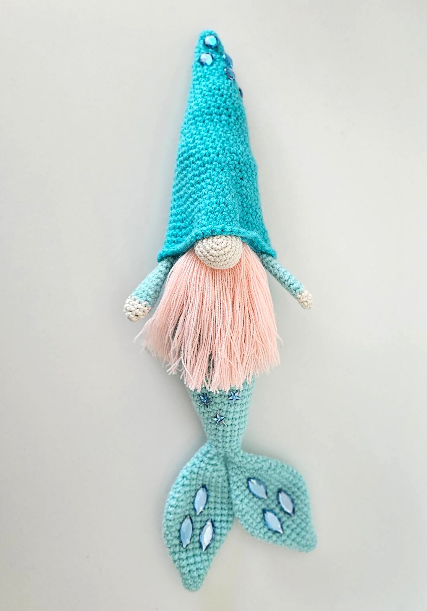 Turquoise Mermaid Gnome with Pink Beard - Handmade Crochet Nisse Plush - Unique Scandinavian Decor