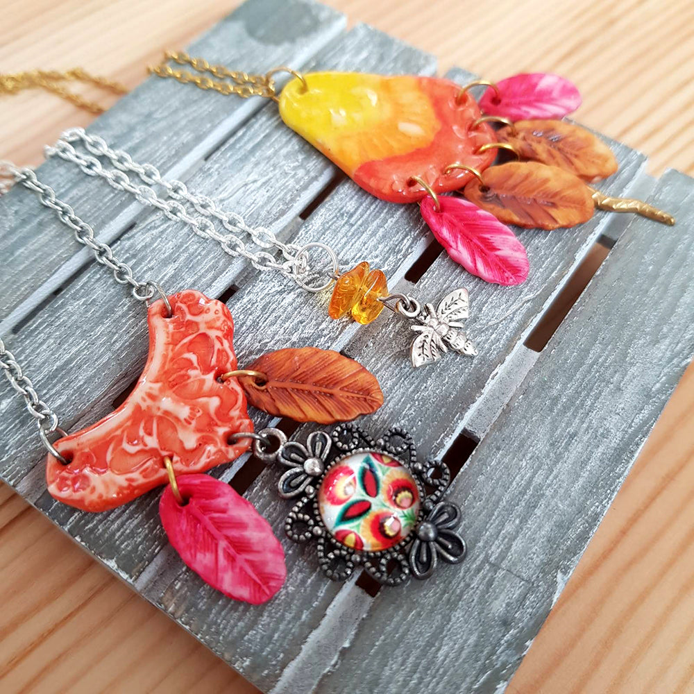 Orange fall necklace - Amber Bee, Snake or Floral cabochon