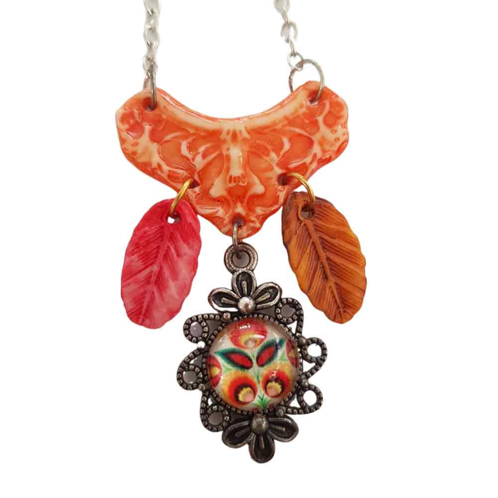 Orange fall necklace - Floral cabochon