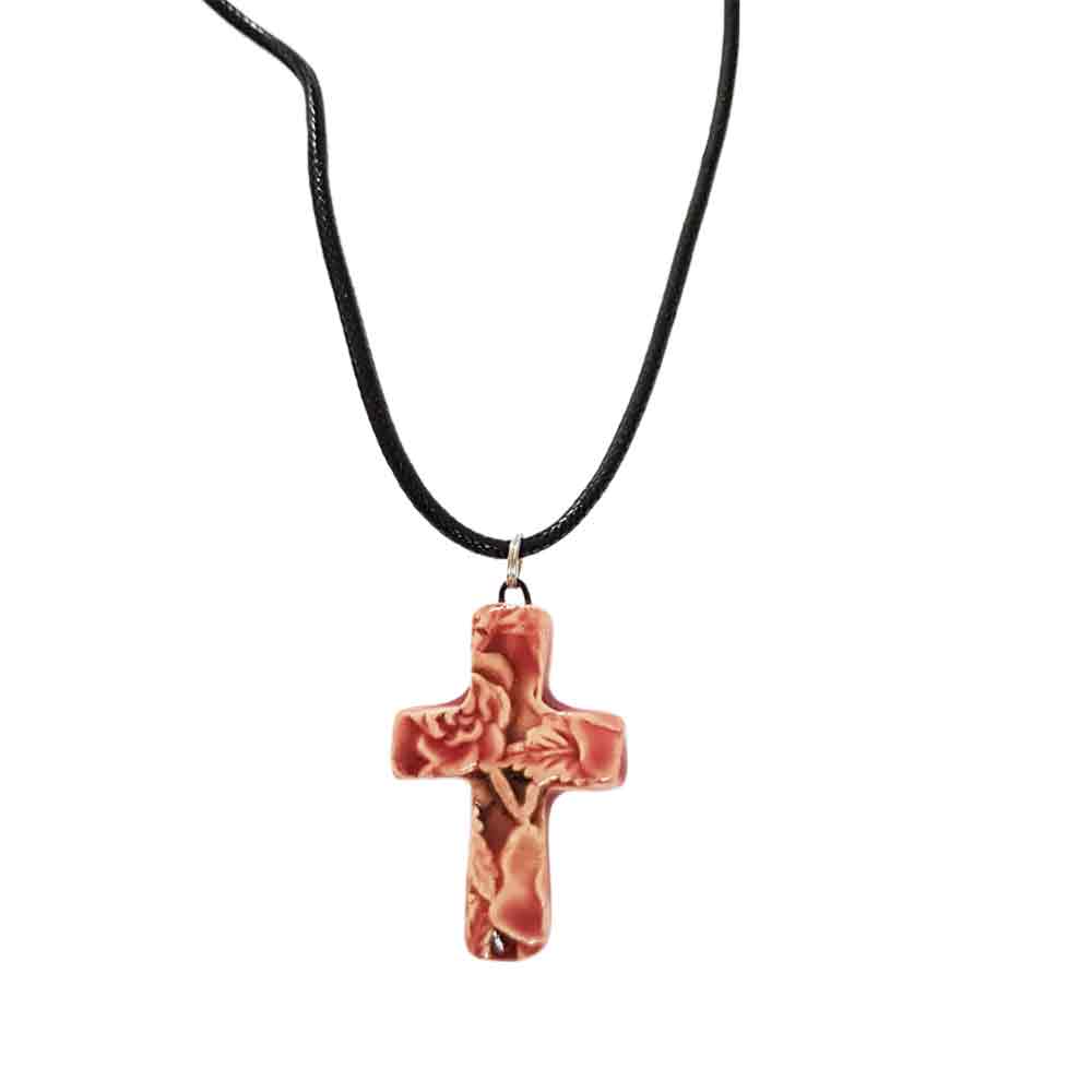 Folk Floral Cross necklace - Christian Jewelry - Pink