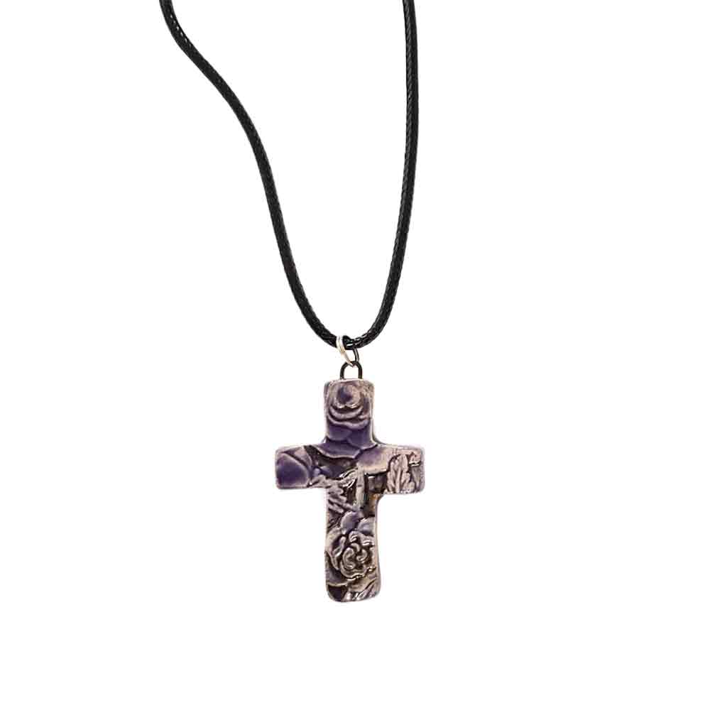 Folk Floral Cross necklace - Christian Jewelry - Purple