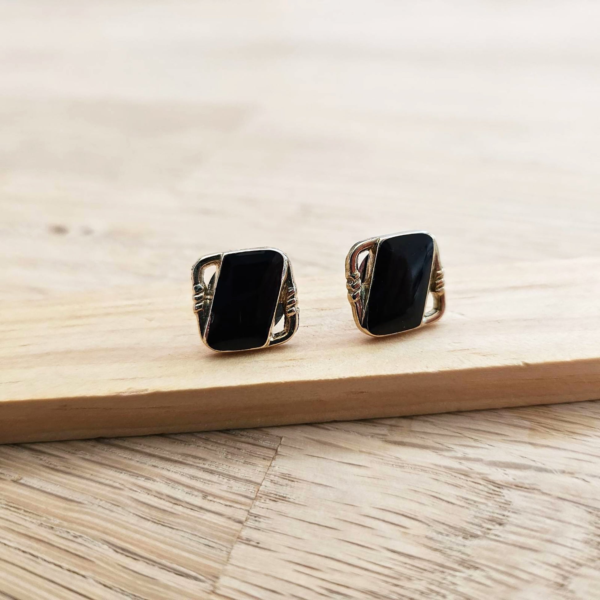 Black Stud earrings, Rectangular post, Upcycled vintage button
