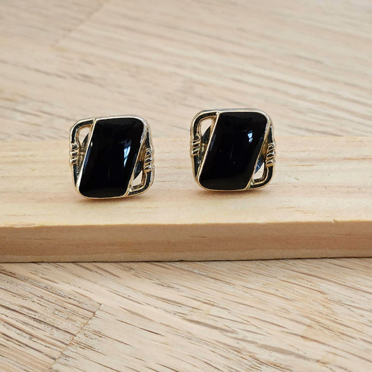 Black Stud earrings, Rectangular post, Upcycled vintage button