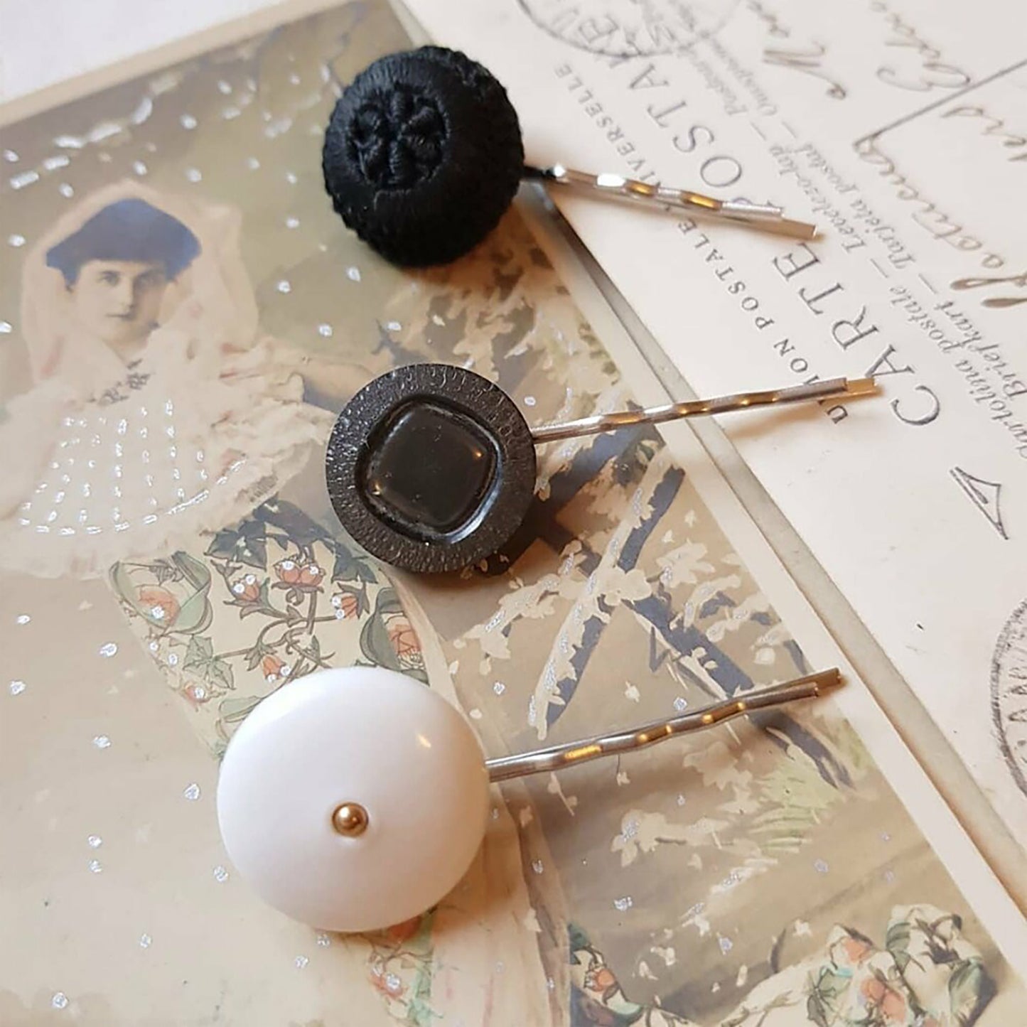 "Button Bobby Pins: A whimsical twist on traditional hair accessories, handmade from retro buttons for a unique look."