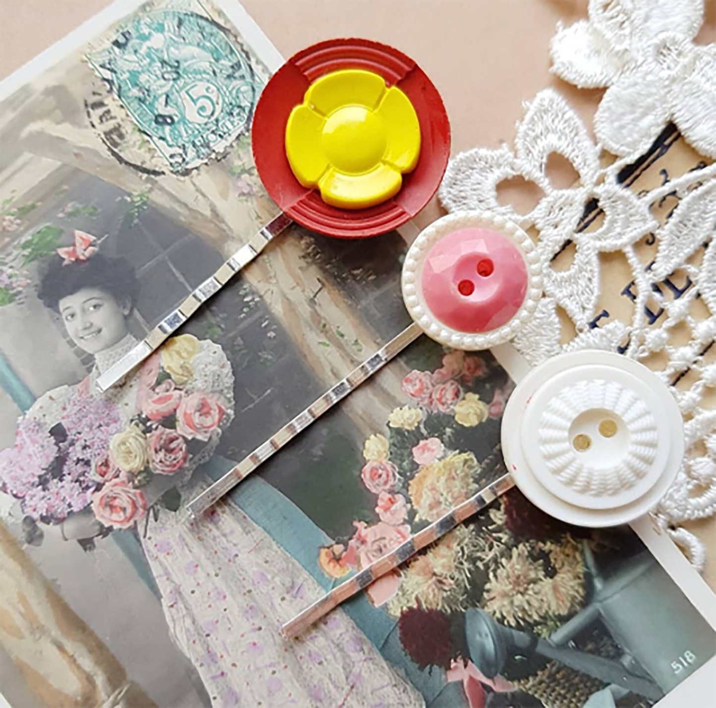 "Make a statement with our Button Bobby Pins! Each set is carefully crafted with love and attention to detail, ensuring a truly special addition to your hair accessory collection."