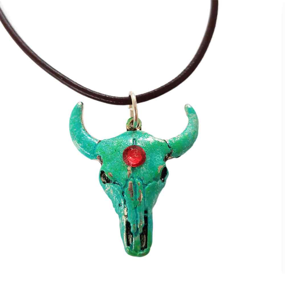 Boho Bull Skull Necklace: Southwest Green Charm