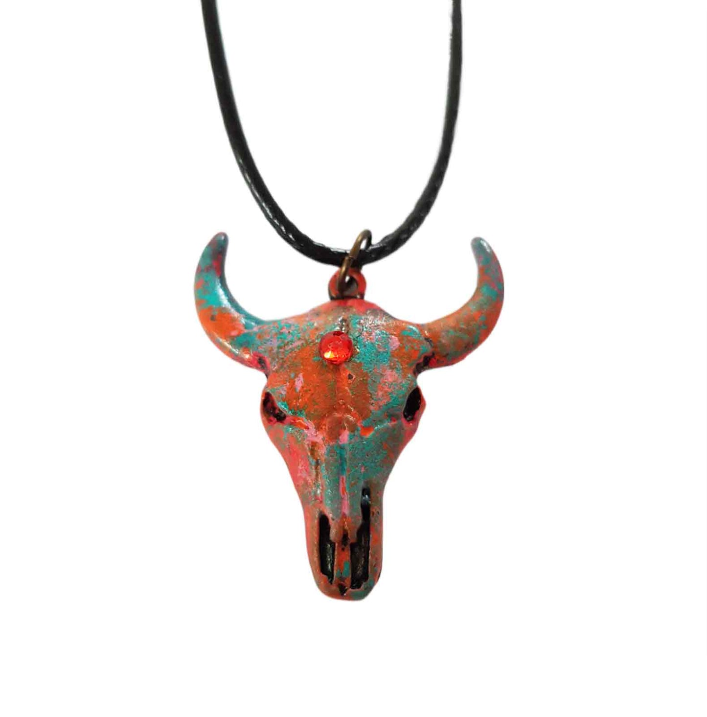 Rugged Bull Skull Pendant: Rustic Orange/Green Appeal