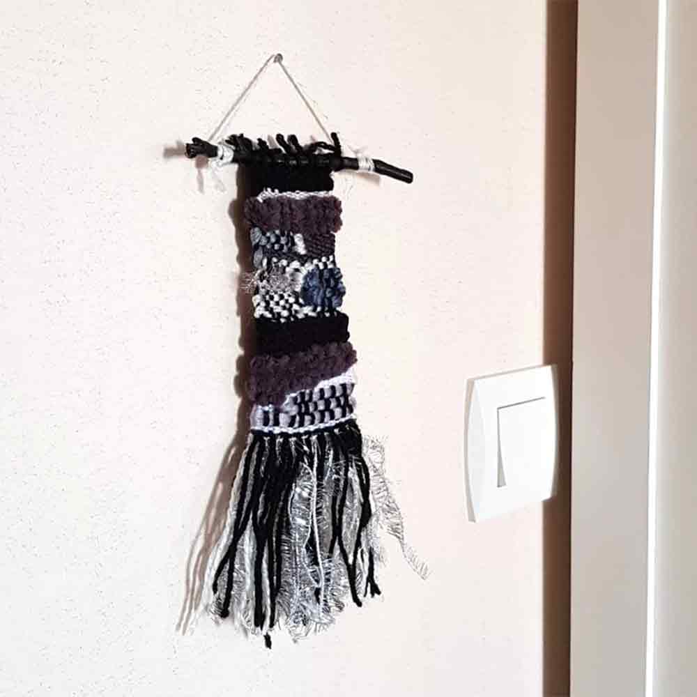 Small Black Tapestry, Woven Wall Hanging, Dark Fiber Art