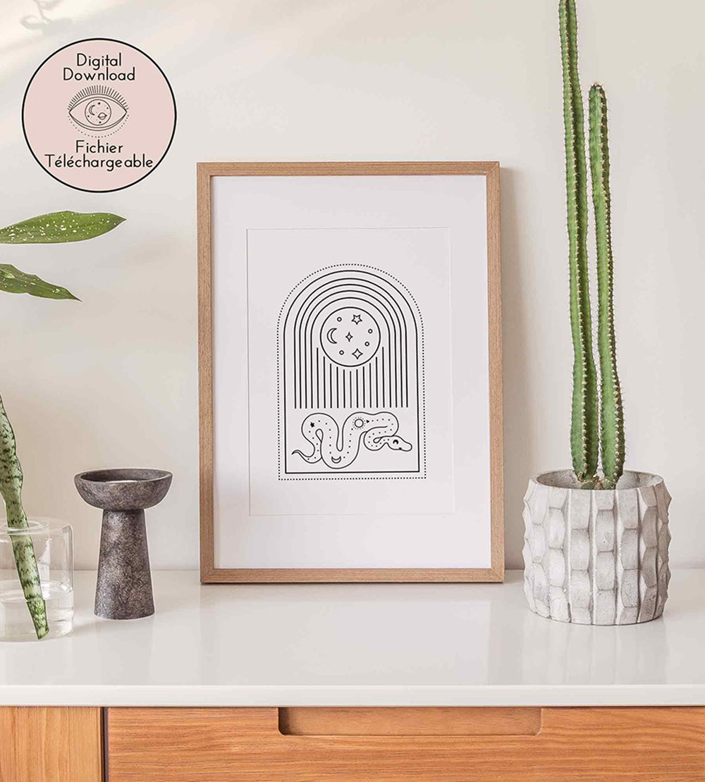 Moon and Snake Drawing - Hippy Chic Home decor - Black White Bohemian Art