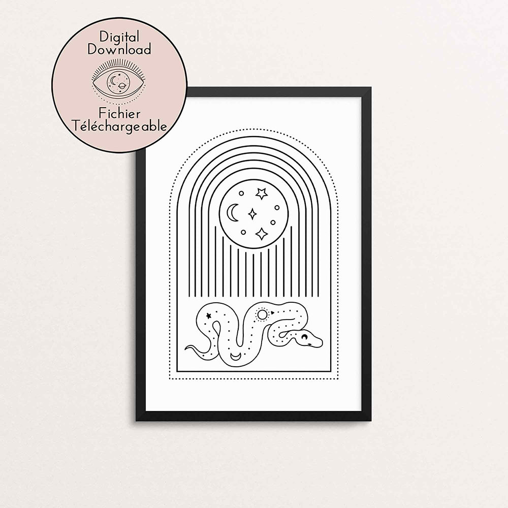 Moon and Snake Drawing - Hippy Chic Home decor - Black White Bohemian Art