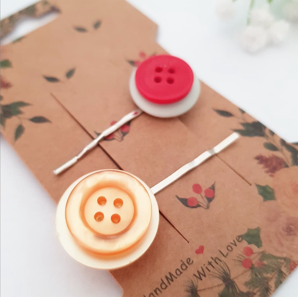 "Zero Waste Gift - Unique Style: Elevate Your Look with These Vintage Button Hair Pins - A Sustainable Fashion Statement 💚 #SustainableStyle #UpcycledFashion"