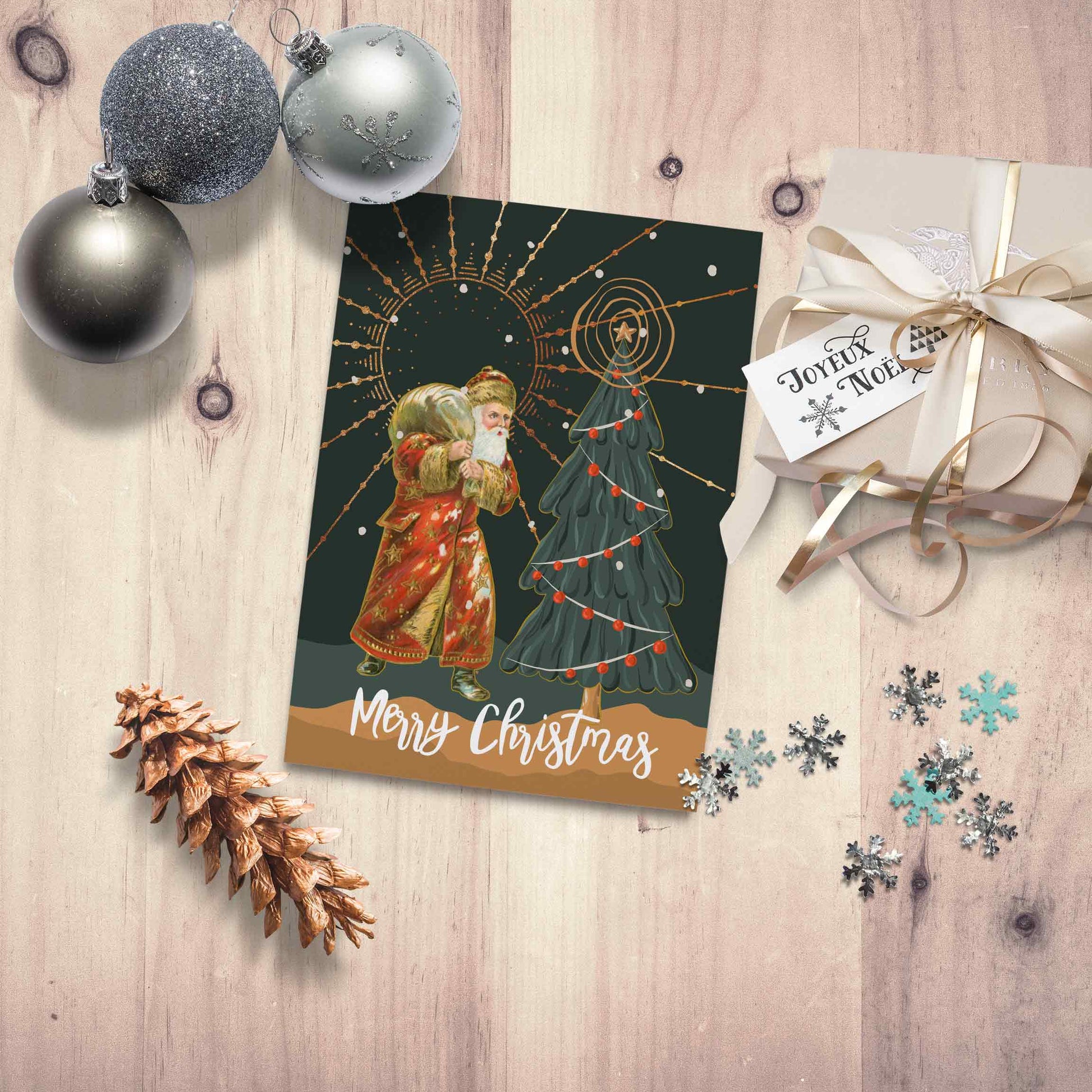 Santa Christmas Greeting Card – Modern Vintage Artist Collage - Mini poster - Xmas Home decor - C o c o F l o w e r