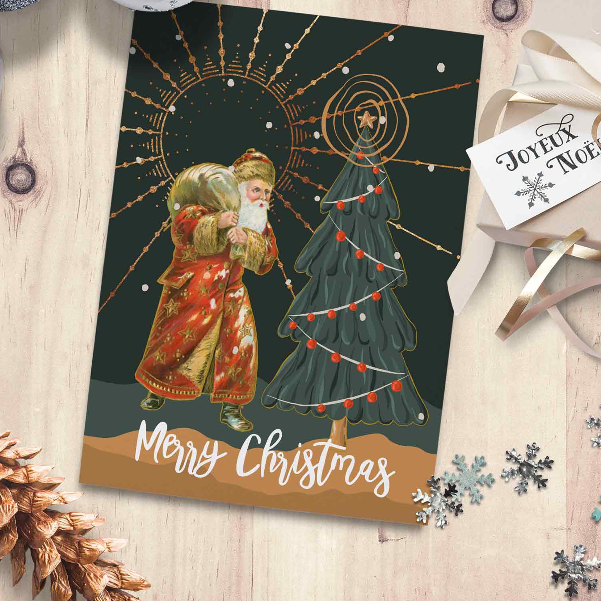 Santa Christmas Greeting Card – Modern Vintage Artist Collage - Mini poster - Xmas Home decor - C o c o F l o w e r