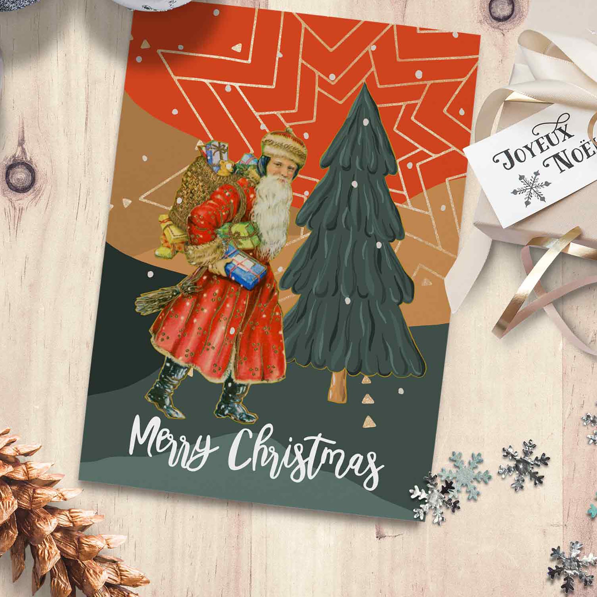 Santa Christmas Greeting Card – Modern Vintage Artist Collage - Mini poster - Xmas Home decor - C o c o F l o w e r