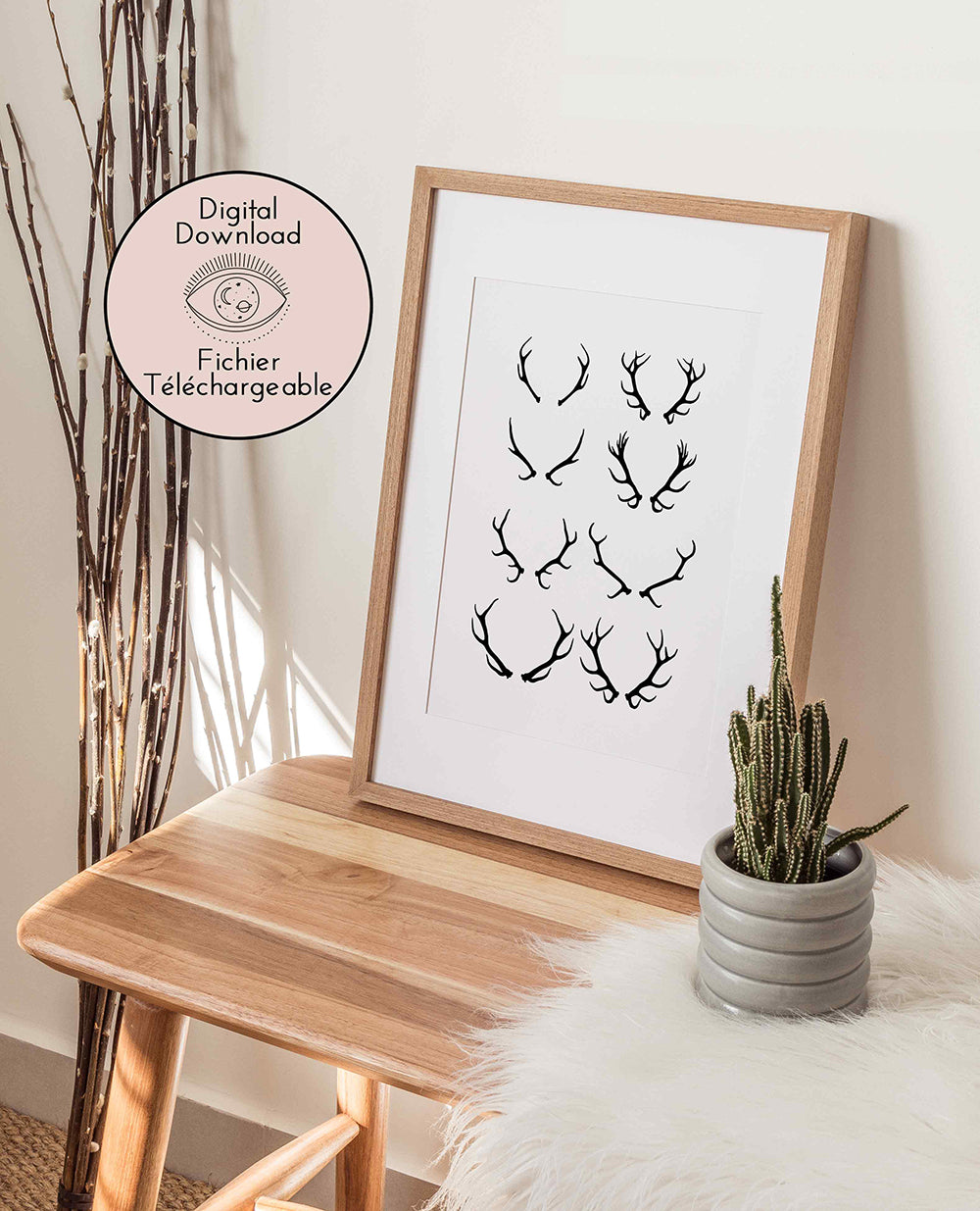 Horn Deer Drawing - Black White Horns Line Art - Woodland Country Autumn Home decor