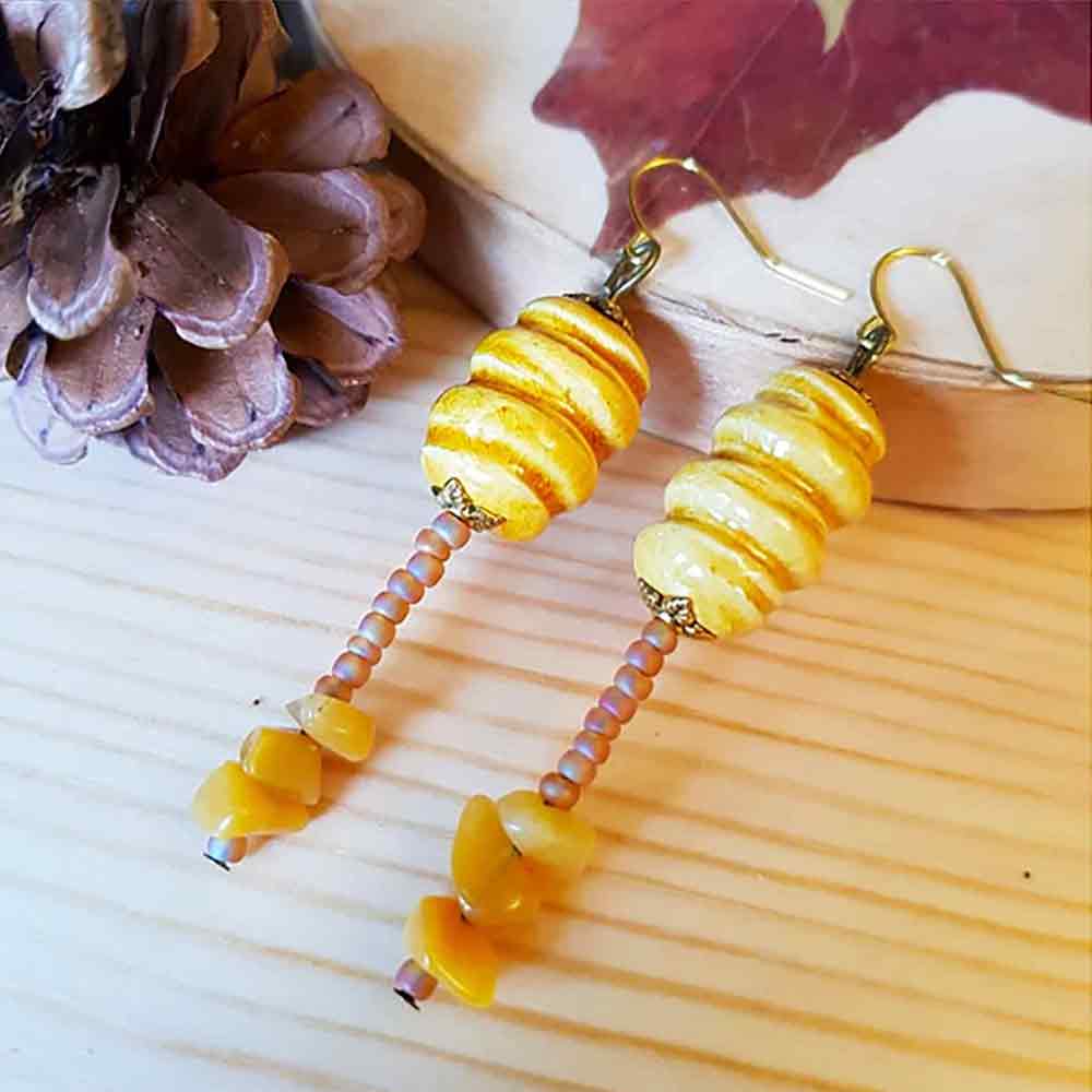 Nature's Majesty: Stone and Ceramic Queen Bee Dangle Earrings